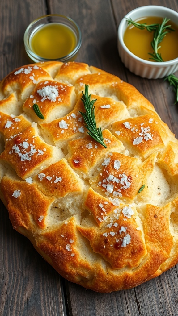 Golden brown focaccia bread topped with rosemary and sea salt, cut into squares on a rustic wooden table.